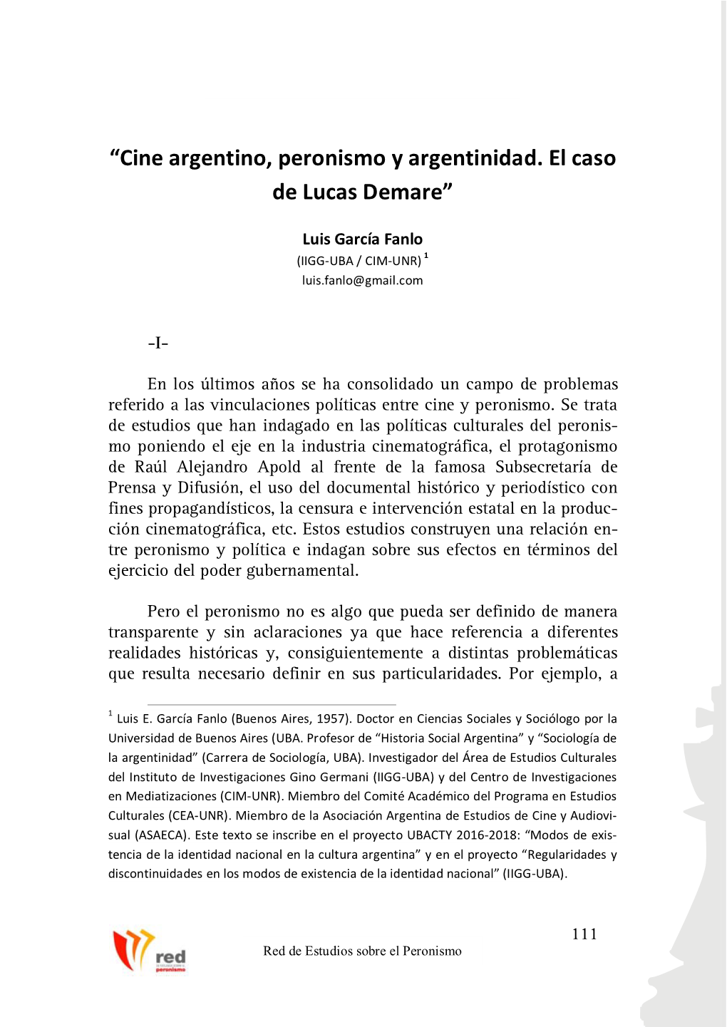 “Cine Argentino, Peronismo Y Argentinidad. El Caso De Lucas Demare”