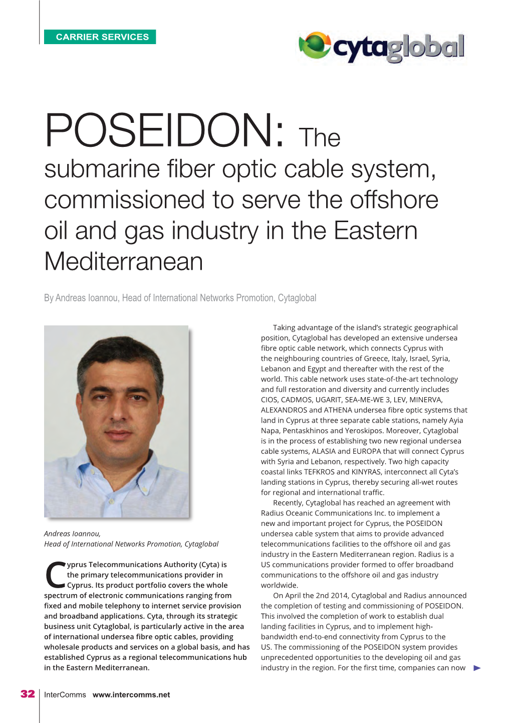 POSEIDON: the Submarine Fiber Optic Cable System, Commissioned to Serve the Offshore Oil and Gas Industry in the Eastern Mediterranean