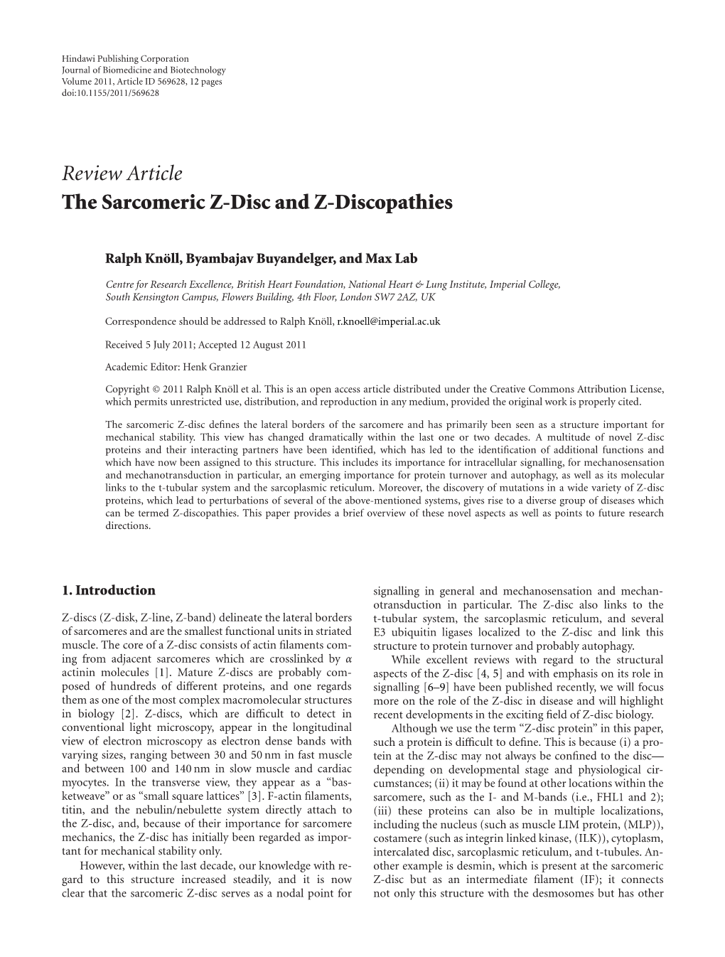 Review Article the Sarcomeric Z-Disc and Z-Discopathies