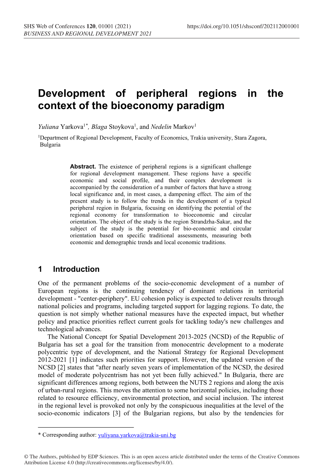 Development of Peripheral Regions in the Context of the Bioeconomy Paradigm