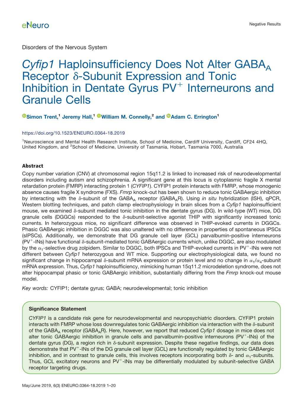 Cyfip1 Haploinsufficiency Does Not Alter GABAA Receptor Δ-Subunit