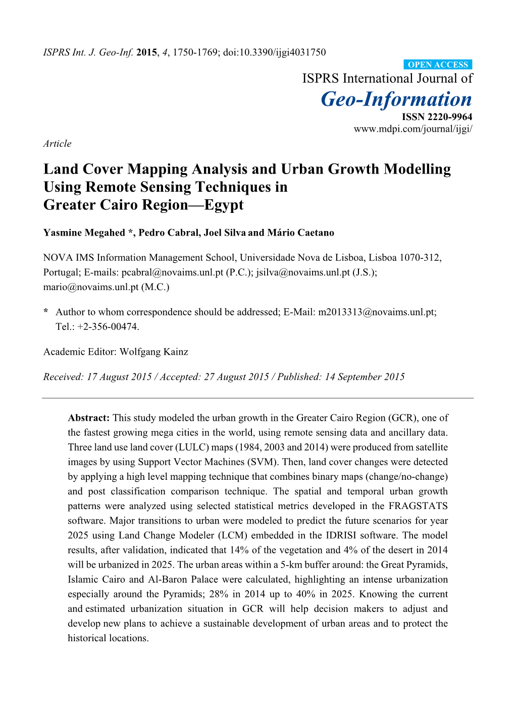 Land Cover Mapping Analysis and Urban Growth Modelling Using Remote Sensing Techniques in Greater Cairo Region—Egypt