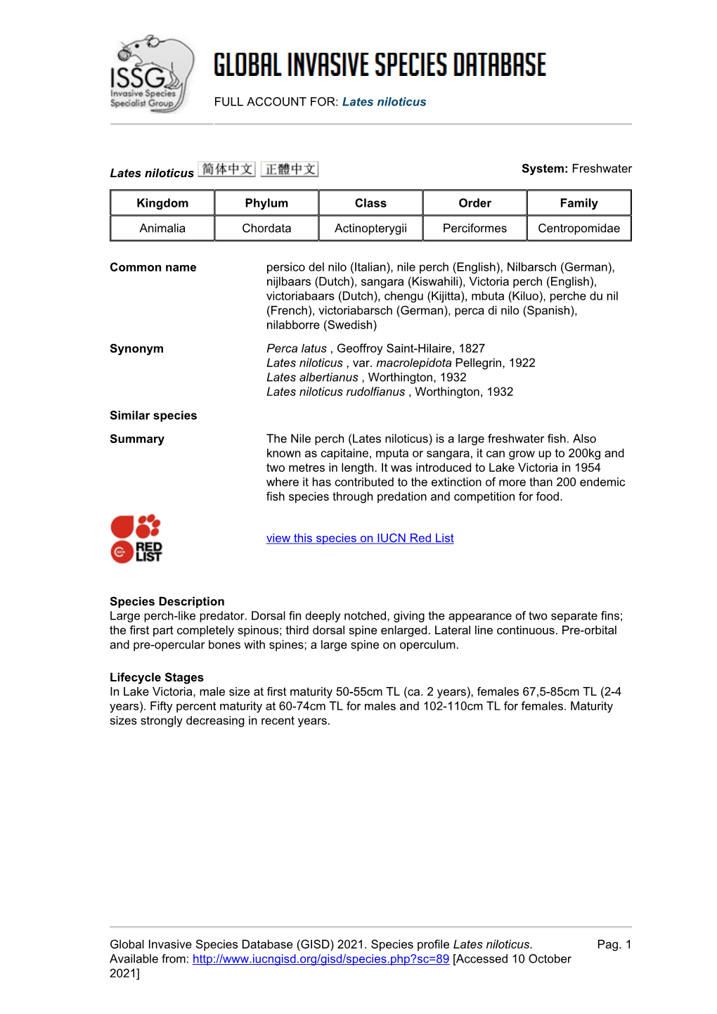 Lates Niloticus Global Invasive Species Database (GISD)