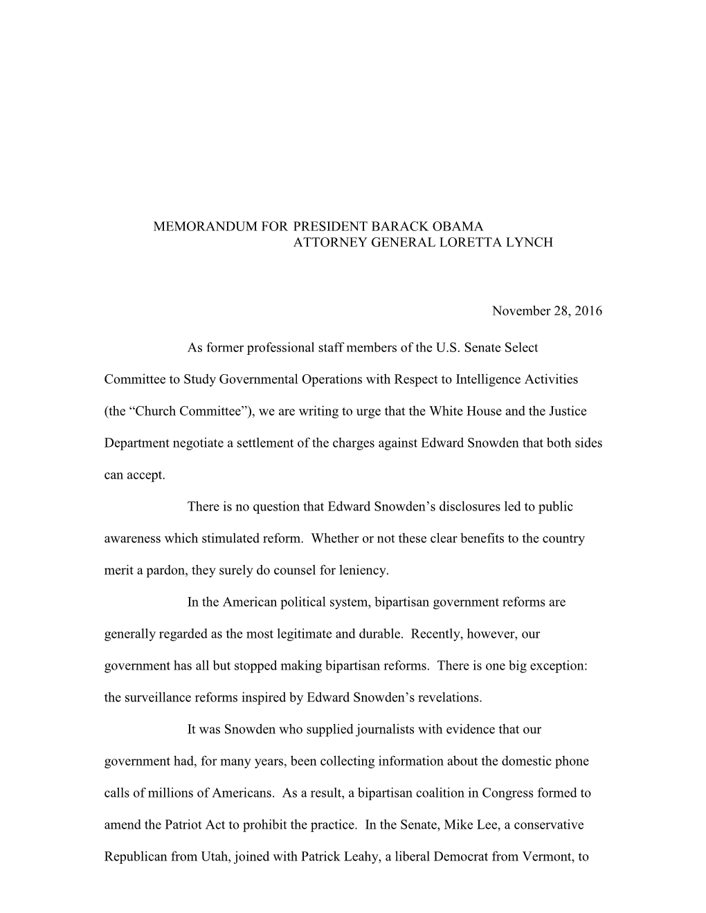 Memorandum for President Barack Obama Attorney General Loretta Lynch