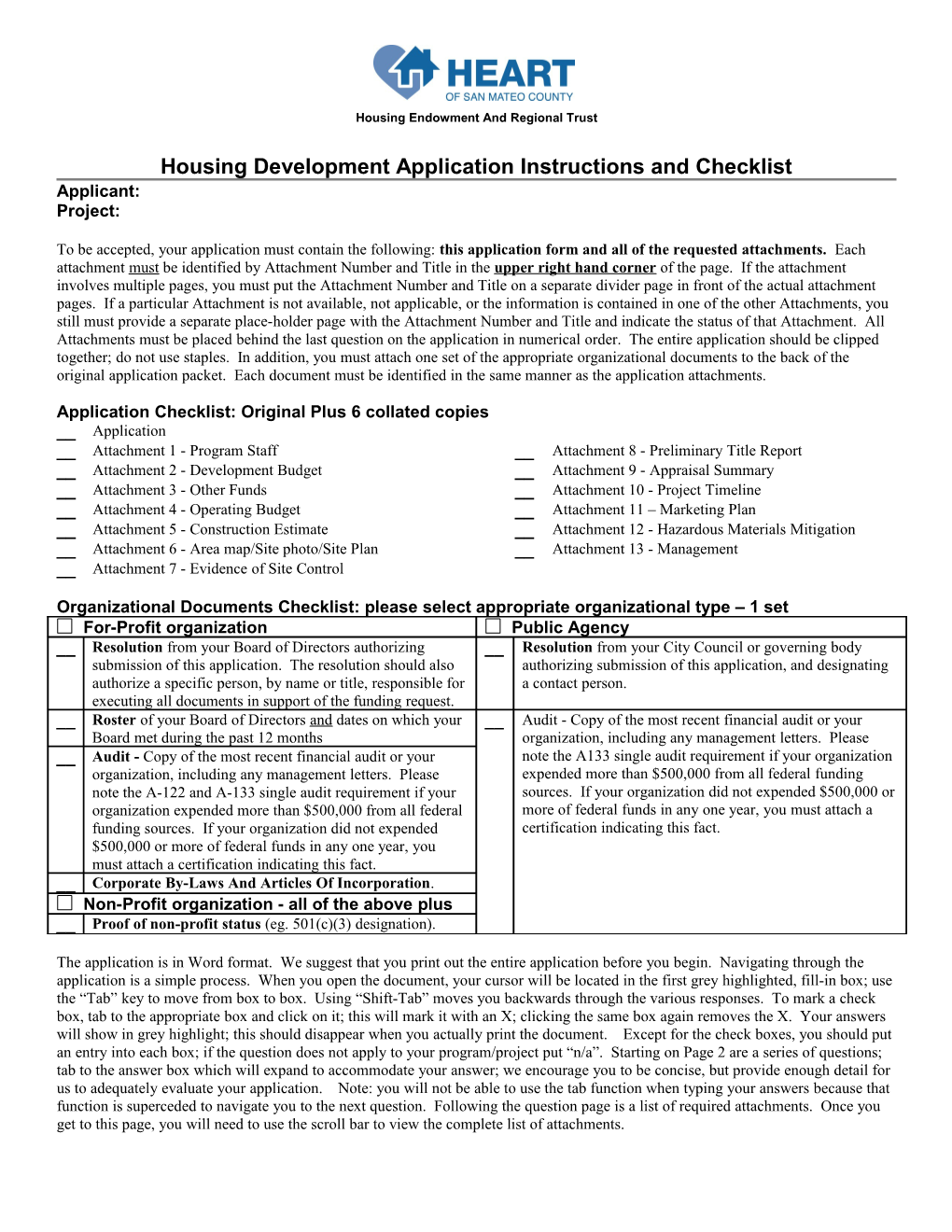 Housing Development Application Instructions and Checklist