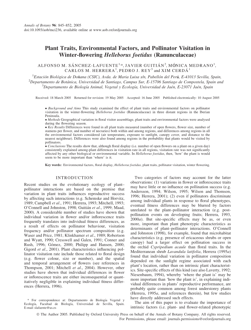 Plant Traits, Environmental Factors, and Pollinator Visitation in Winter-Flowering Helleborus Foetidus (Ranunculaceae)