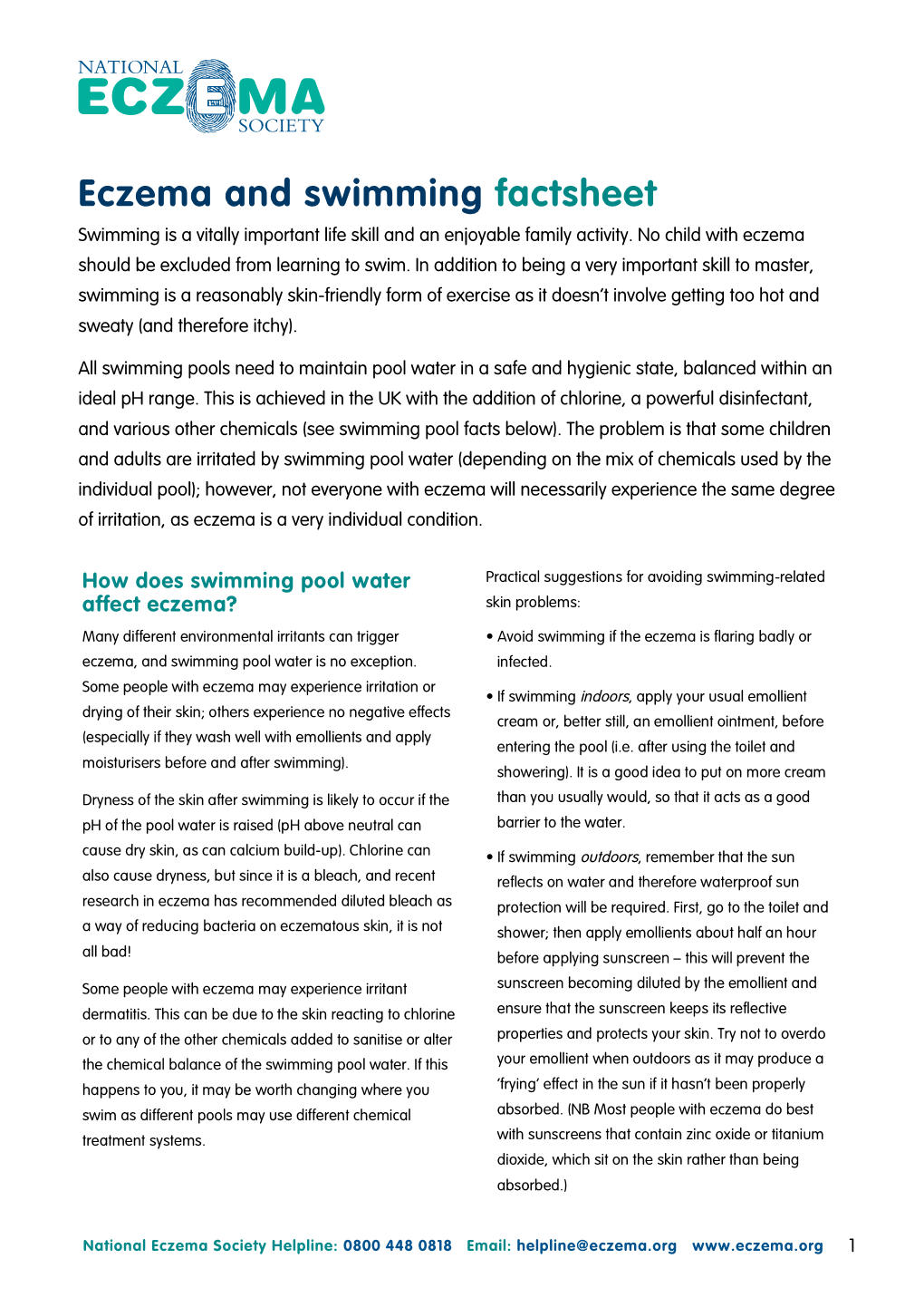 Eczema and Swimming Factsheet Swimming Is a Vitally Important Life Skill and an Enjoyable Family Activity