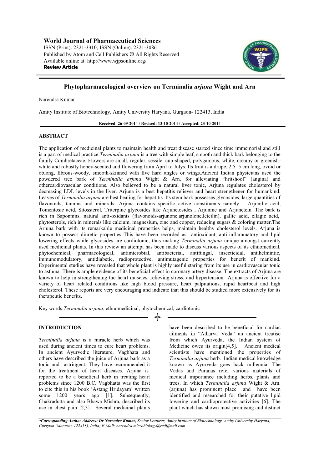 World Journal of Pharmaceutical Sciences Phytopharmacological Overview on Terminalia Arjuna Wight And