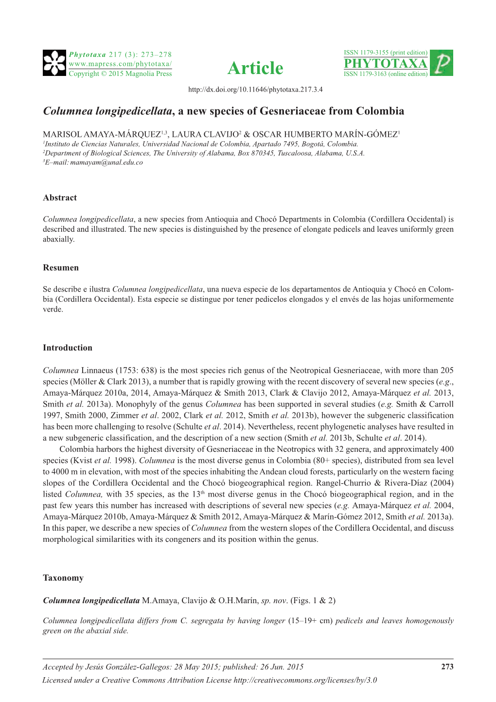 Columnea Longipedicellata, a New Species of Gesneriaceae from Colombia