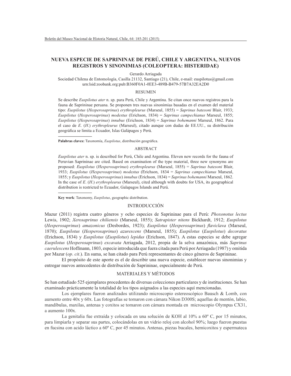 Nueva Especie De Saprininae De Perú, Chile Y Argentina