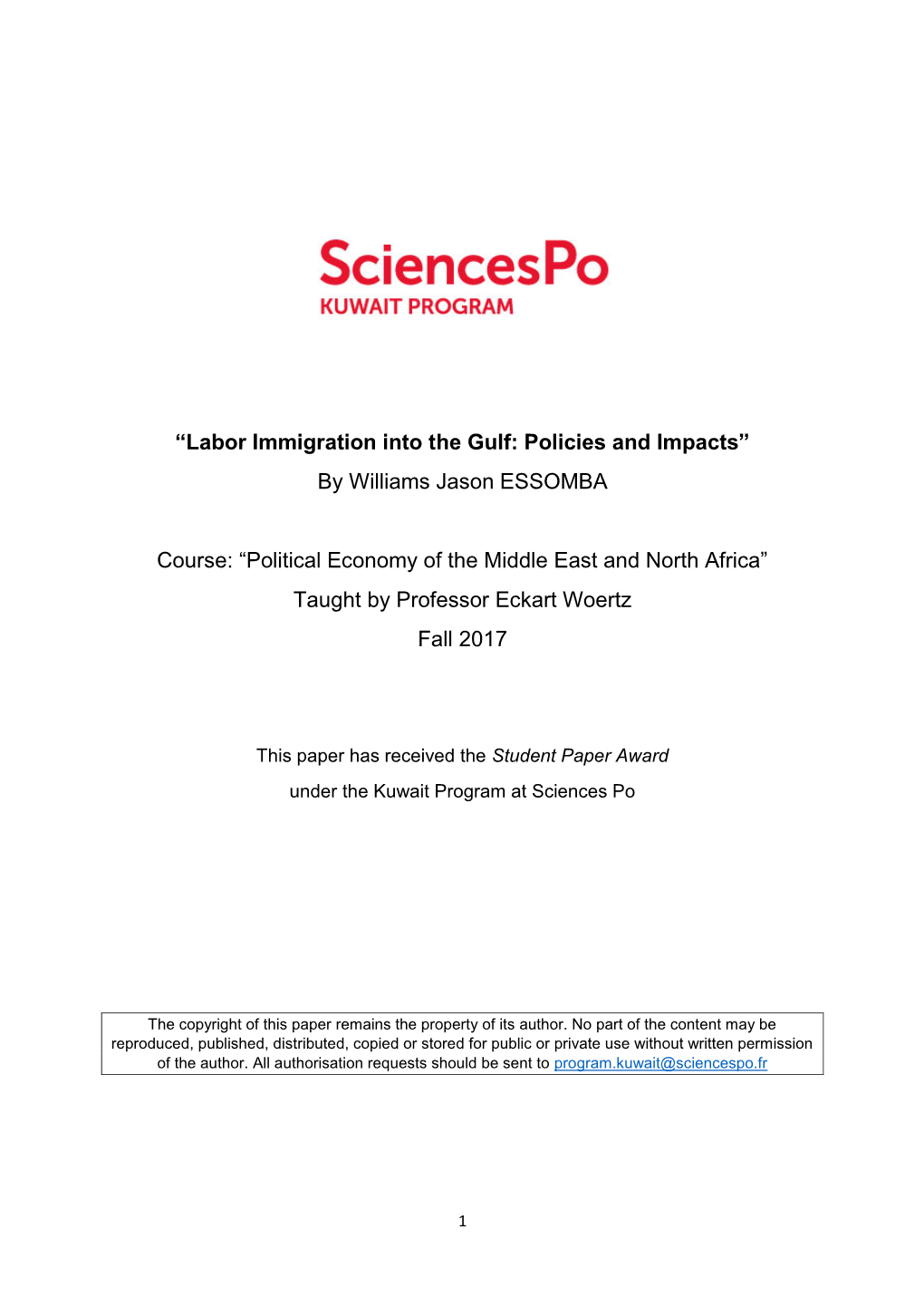 Labor Immigration Into the Gulf: Policies and Impacts” by Williams Jason ESSOMBA