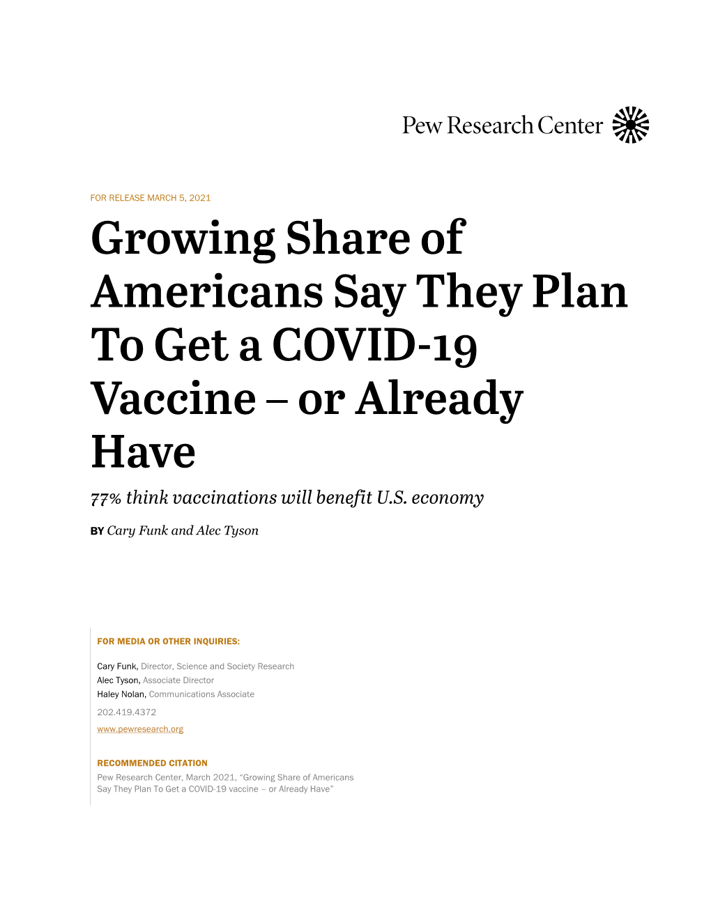 Growing Share of Americans Say They Plan to Get a COVID-19 Vaccine – Or Already Have