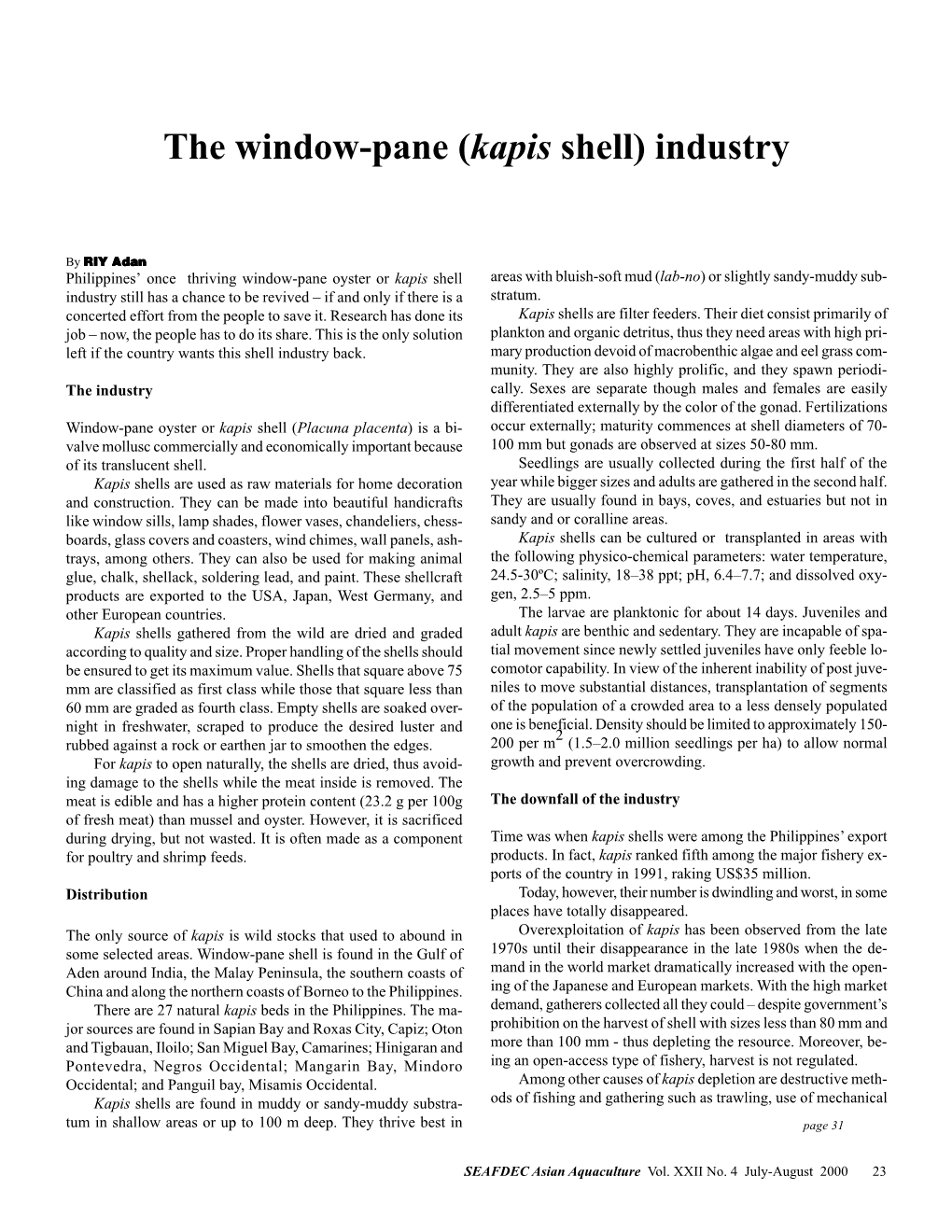 The Window-Pane (Kapis Shell) Industry