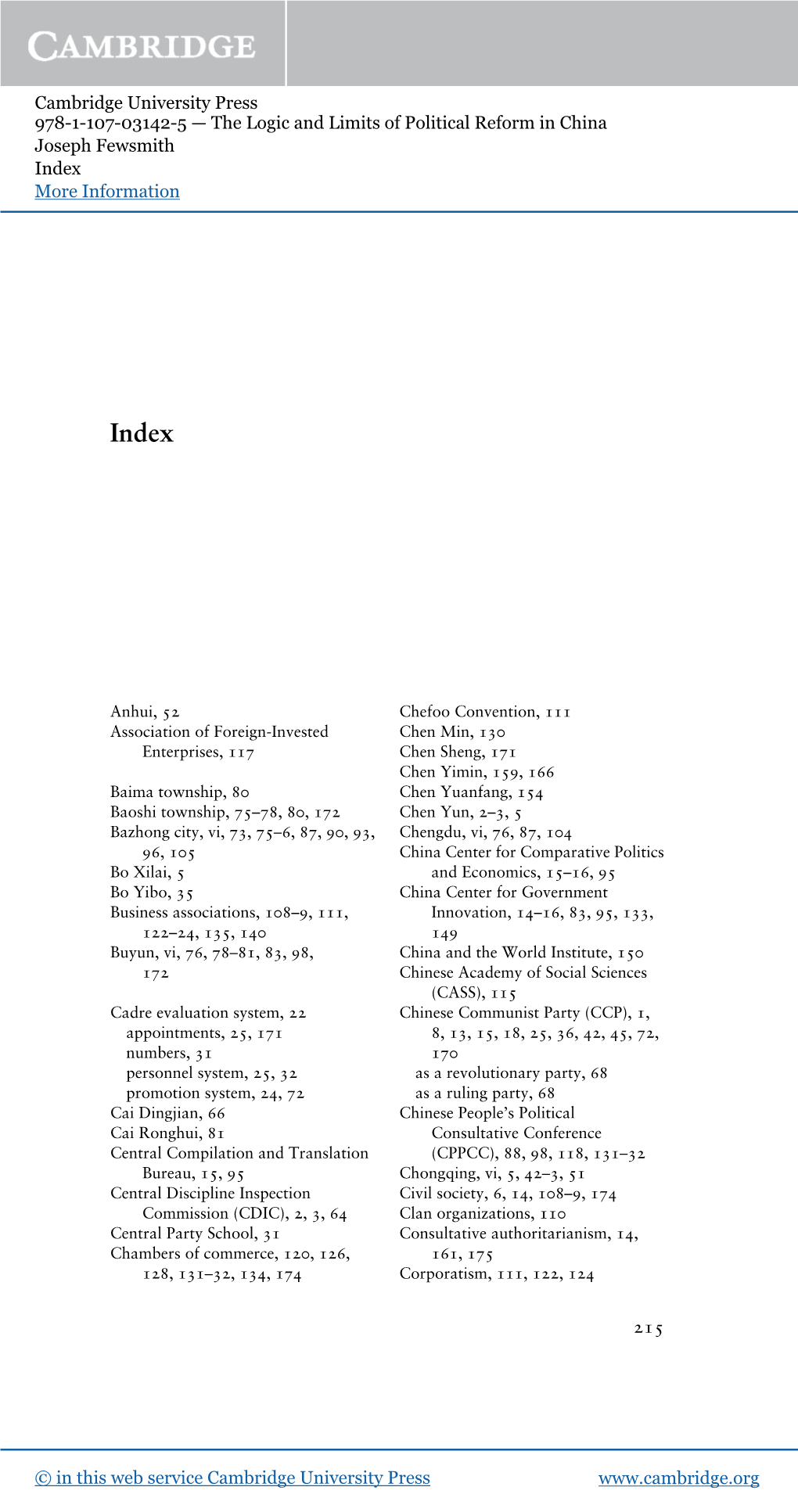 Cambridge University Press 978-1-107-03142-5 — the Logic and Limits of Political Reform in China Joseph Fewsmith Index More Information