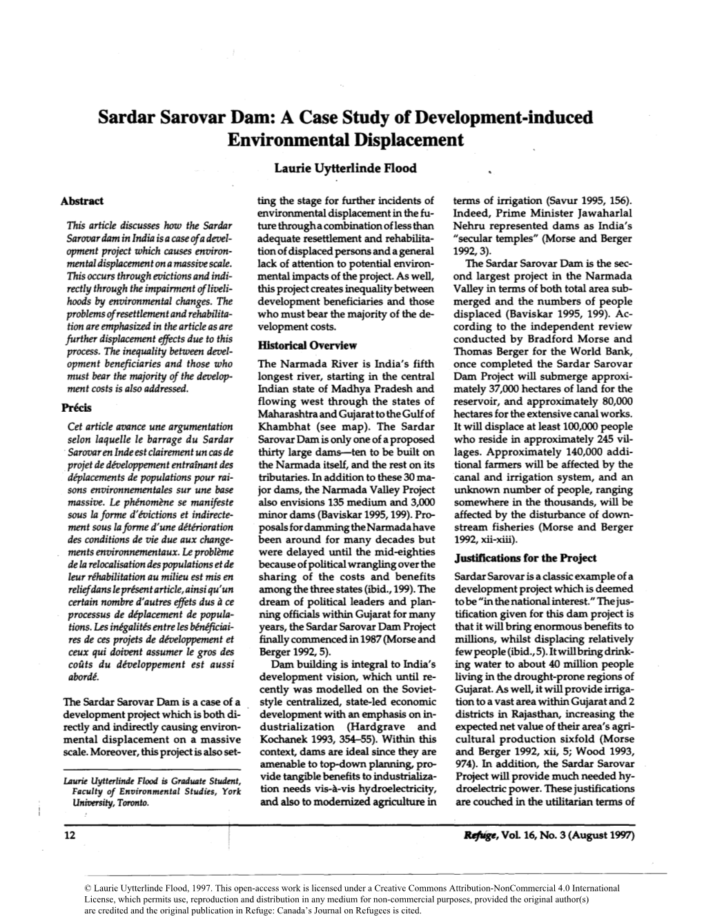 Sardar Sarovar Dam: a Case Study of Development-Induced Environmental Displacement Laurie Uytterlinde Flood