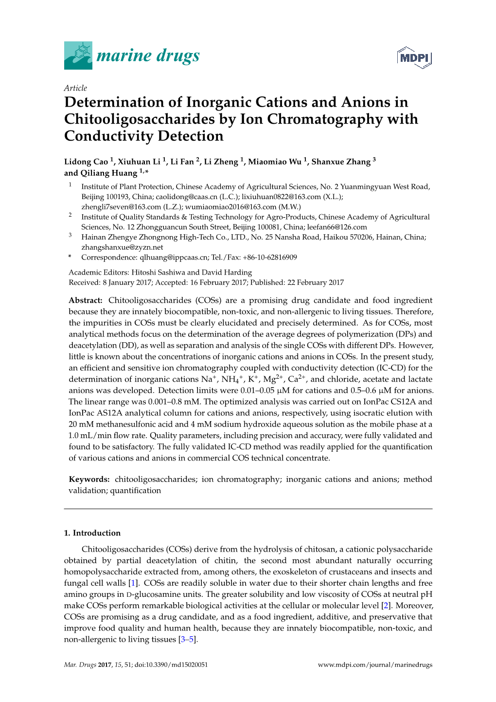 Determination of Inorganic Cations and Anions in Chitooligosaccharides by Ion Chromatography with Conductivity Detection