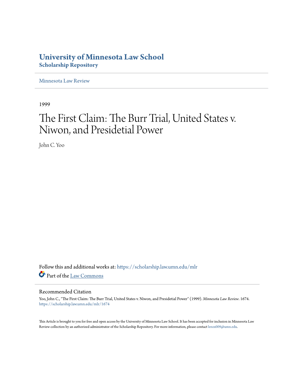 The Burr Trial, United States V. Niwon, and Presidetial Power