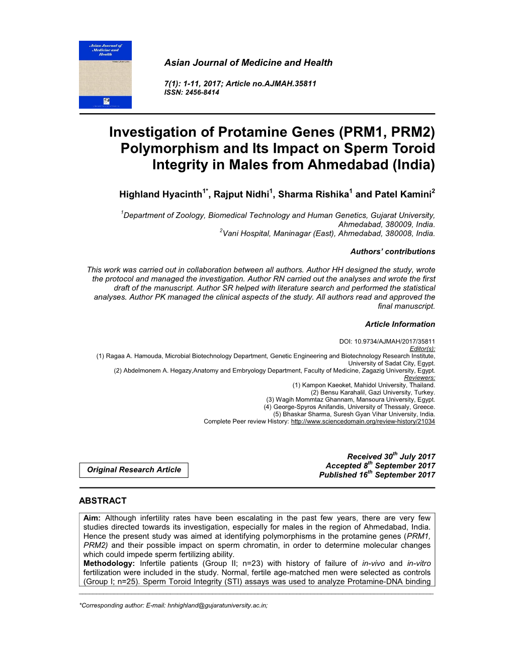 Investigation of Protamine Genes (PRM1, PRM2) Polymorphism and Its Impact on Sperm Toroid Integrity in Males from Ahmedabad (India)