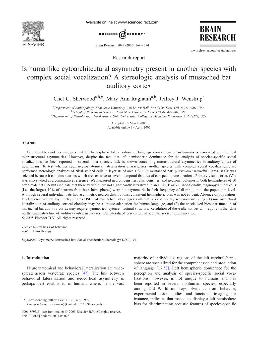 A Stereologic Analysis of Mustached Bat Auditory Cortex