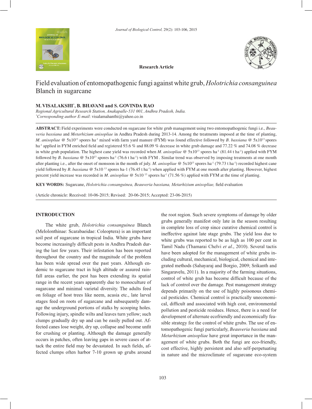 Field Evaluation of Entomopathogenic Fungi Against White Grub, Holotrichia Consanguinea Blanch in Sugarcane