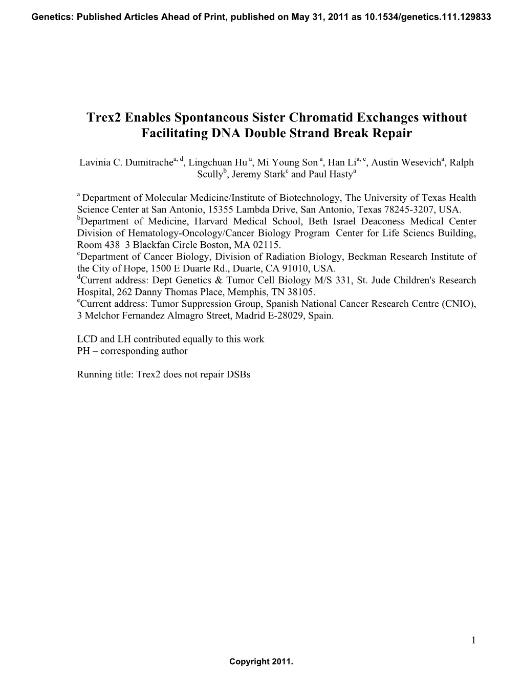 Trex2 Enables Spontaneous Sister Chromatid Exchanges Without Facilitating DNA Double Strand Break Repair