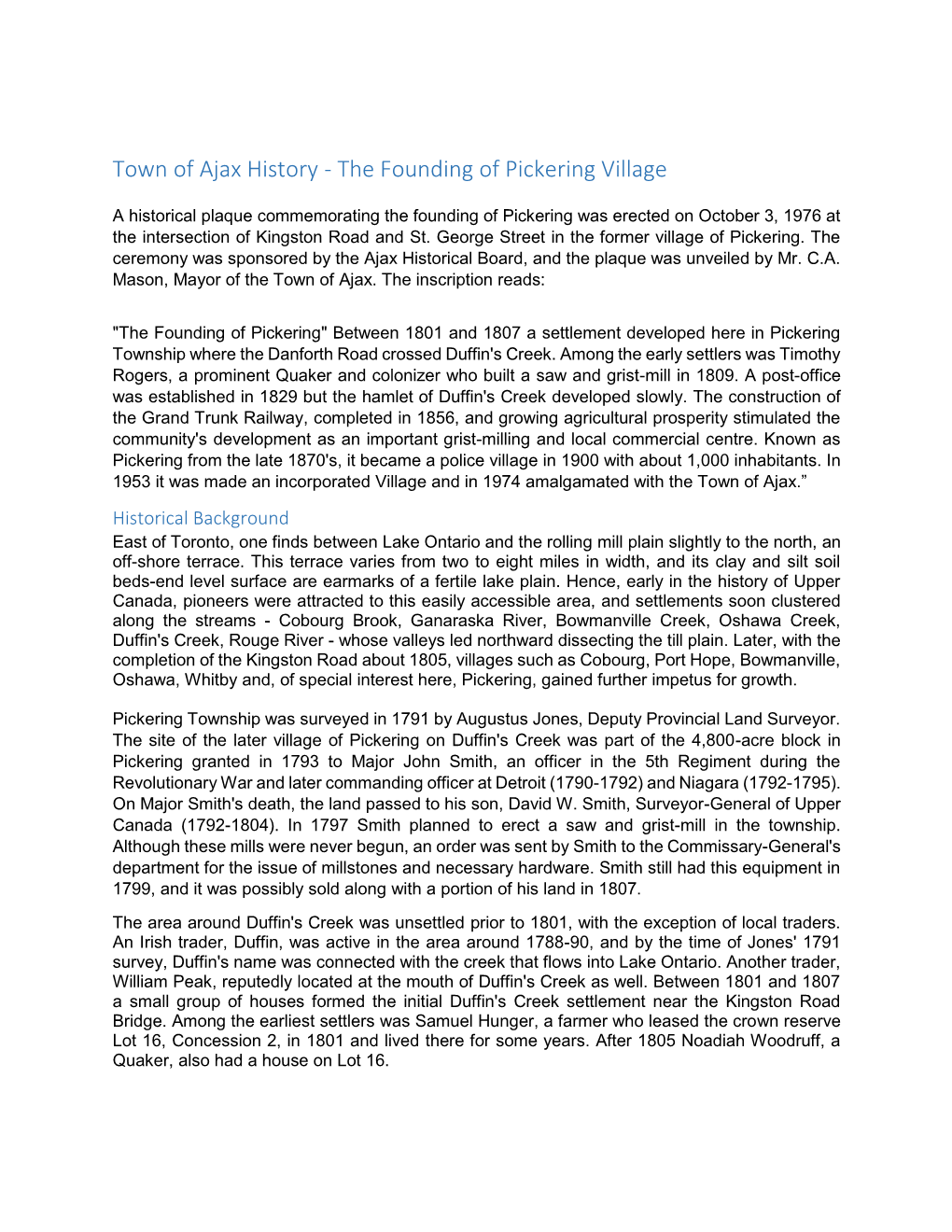 Town of Ajax History - the Founding of Pickering Village