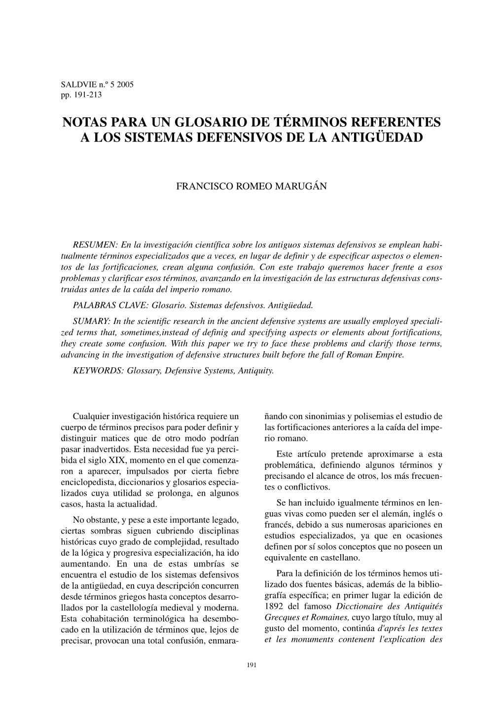 Notas Para Un Glosario De Términos Referentes a Los Sistemas Defensivos De La Antigüedad