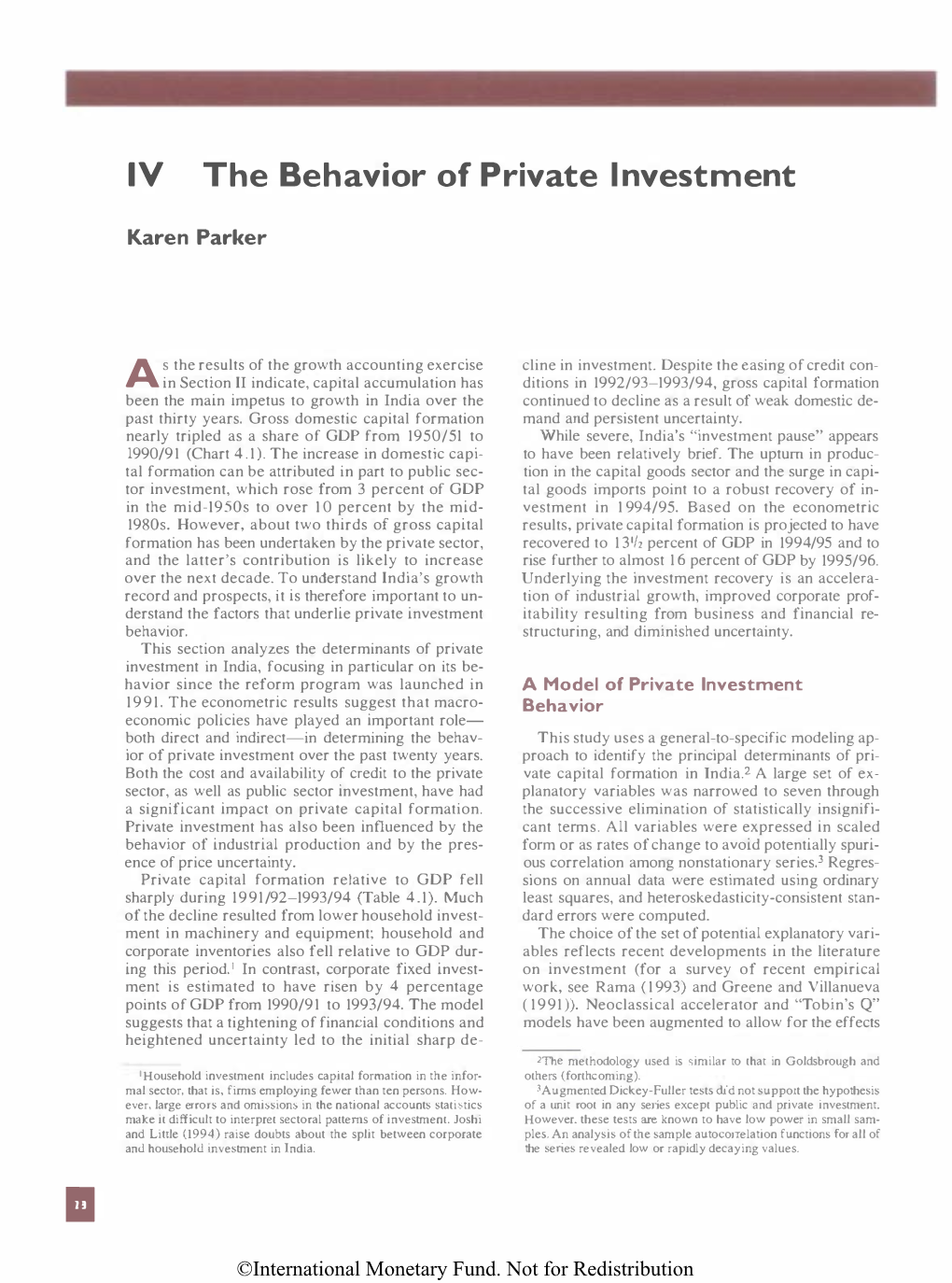 IV the Behavior of Private Investment