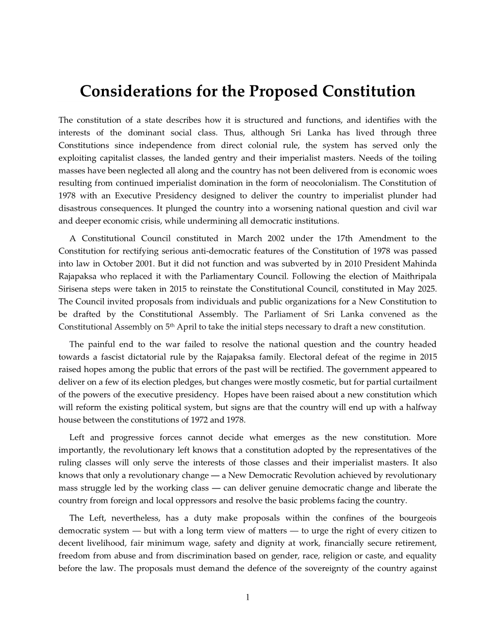 Considerations for the Proposed Constitution