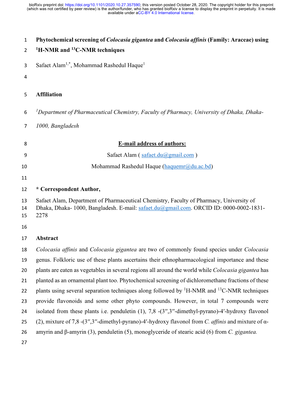 Phytochemical Screening of Colocasia Gigantea and Colocasia Affinis (Family: Araceae) Using 2 1H-NMR and 13C-NMR Techniques