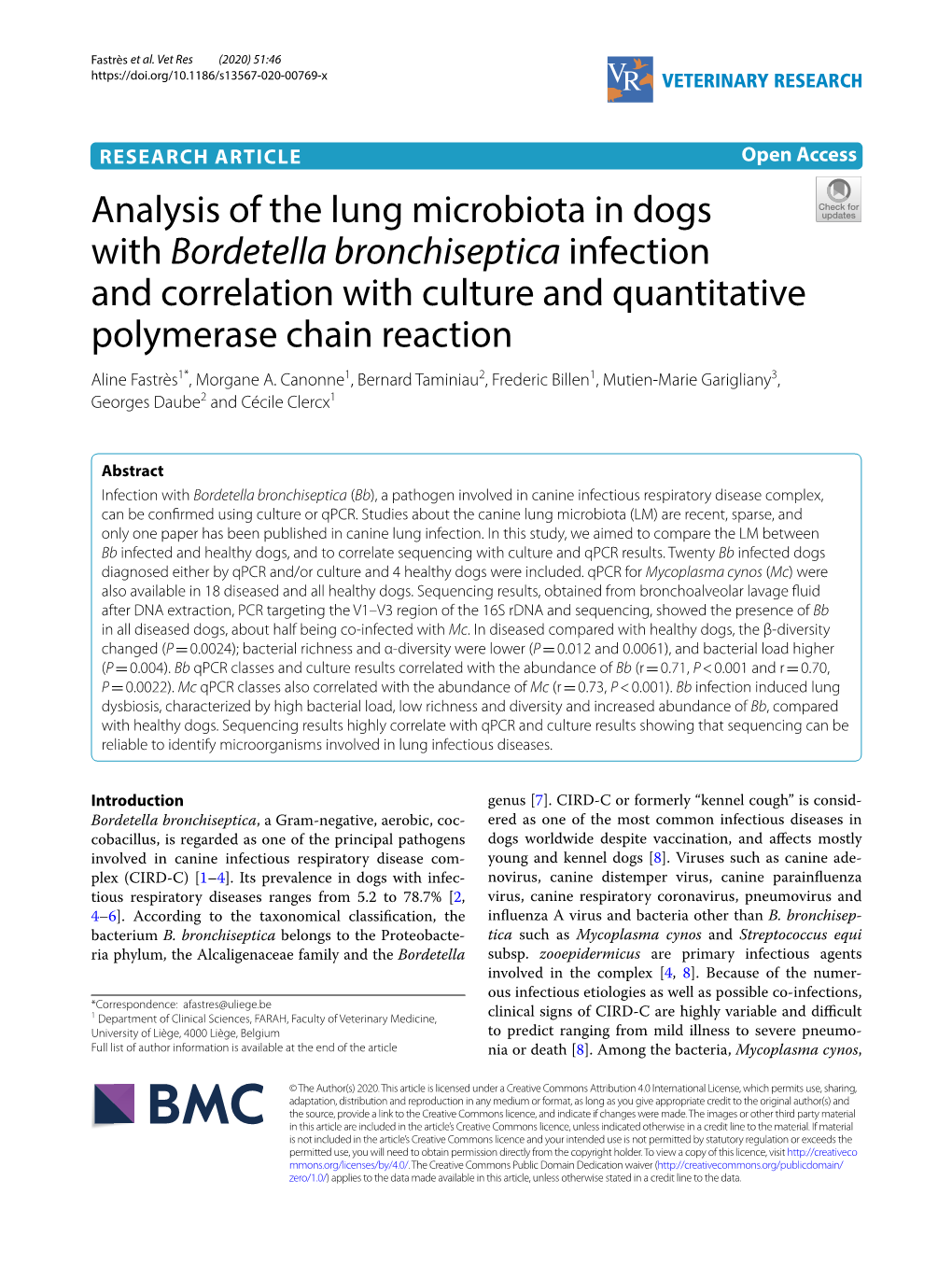 Analysis of the Lung Microbiota in Dogs with Bordetella Bronchiseptica