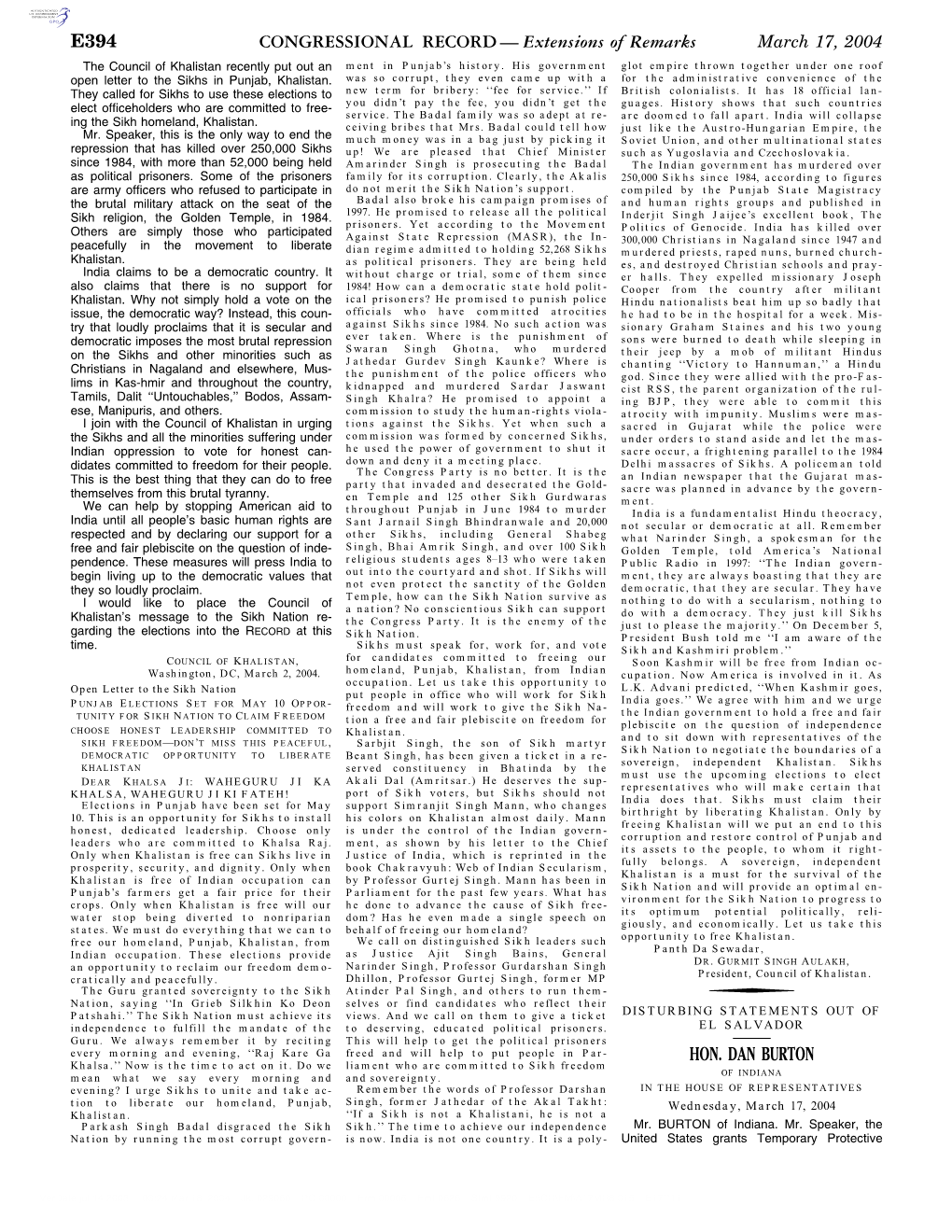 CONGRESSIONAL RECORD— Extensions of Remarks E394 HON. DAN BURTON