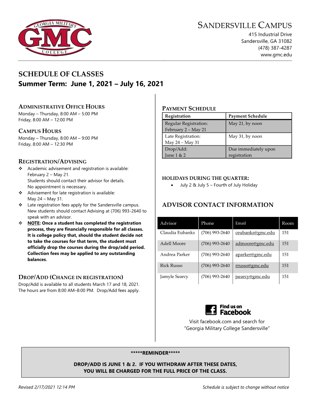 SANDERSVILLE CAMPUS SCHEDULE of CLASSES Summer