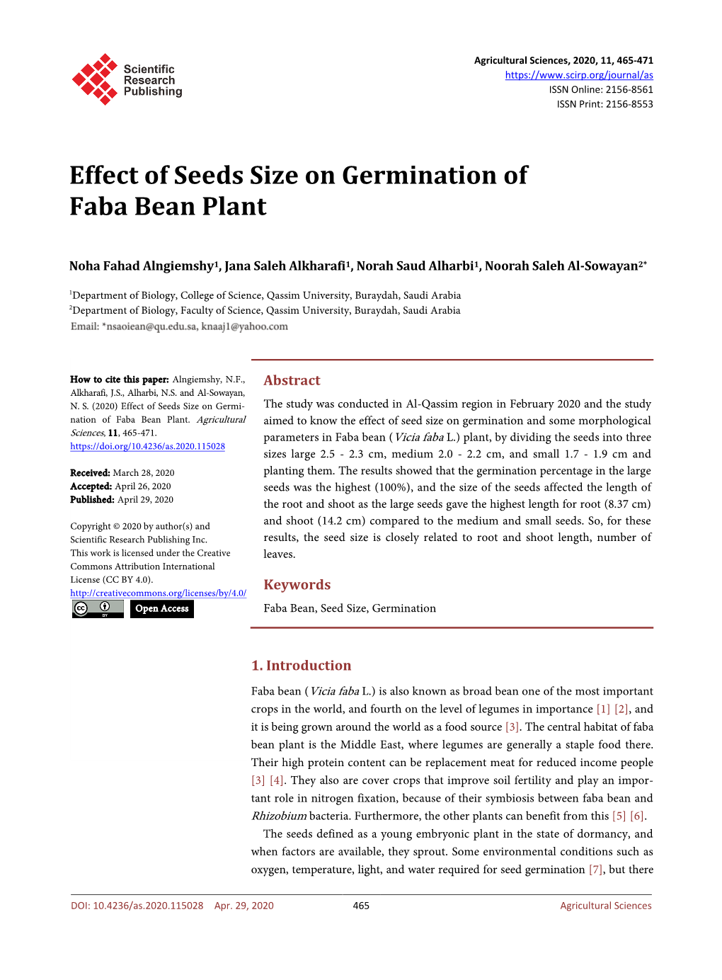 Effect of Seeds Size on Germination of Faba Bean Plant