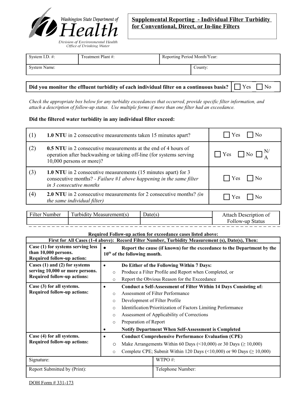 Supplemental Reporting - Individual Filter Turbidity for Conventional, Direct, Or In-Line