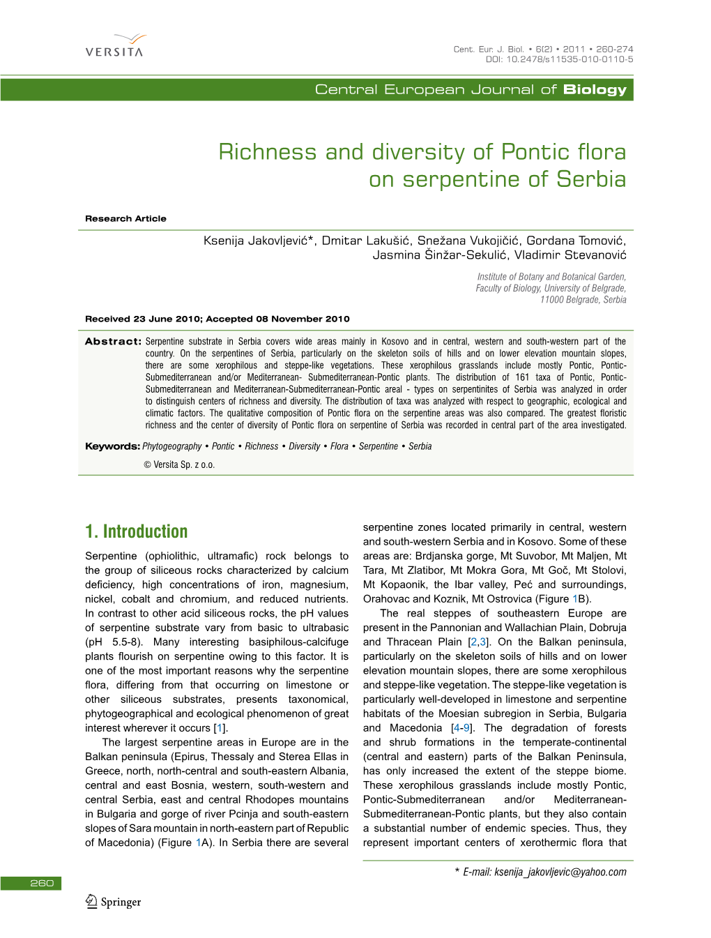 Richness and Diversity of Pontic Flora on Serpentine of Serbia