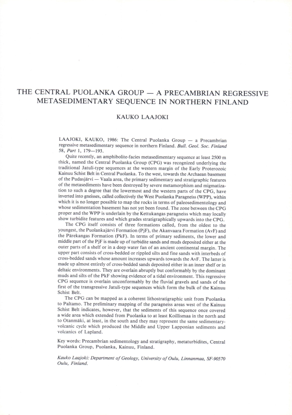 The Central Puolanka Group - a Precambrian Regressive Metasedimentary Sequence in Northern Finland