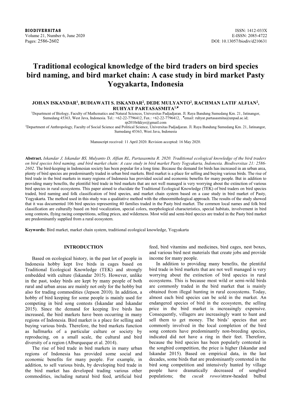 Traditional Ecological Knowledge of the Bird Traders on Bird Species Bird Naming, and Bird Market Chain: a Case Study in Bird Market Pasty Yogyakarta, Indonesia