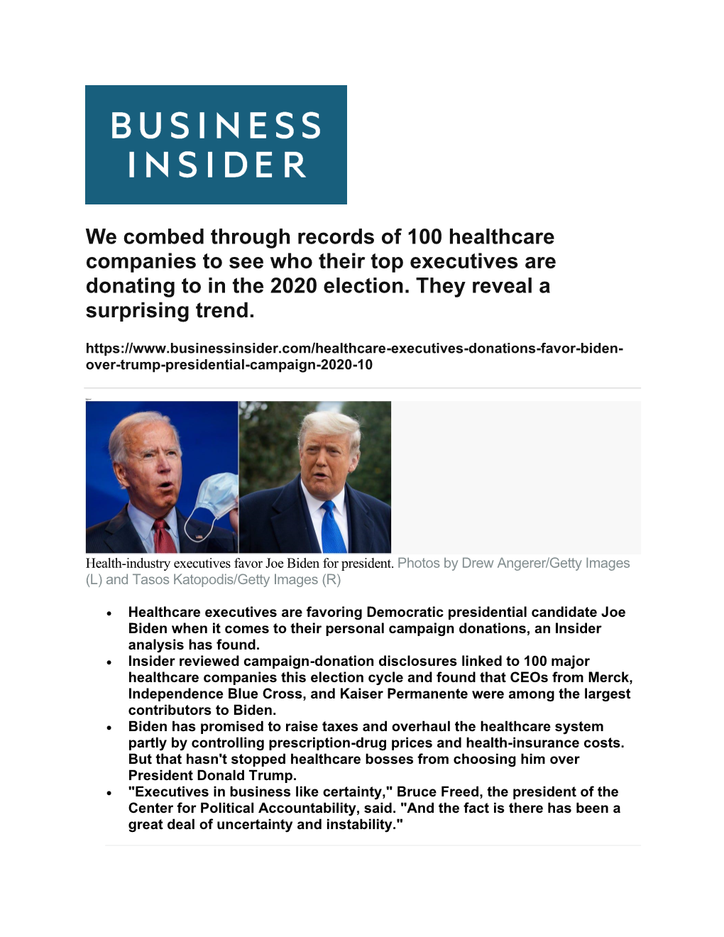 We Combed Through Records of 100 Healthcare Companies to See Who Their Top Executives Are Donating to in the 2020 Election