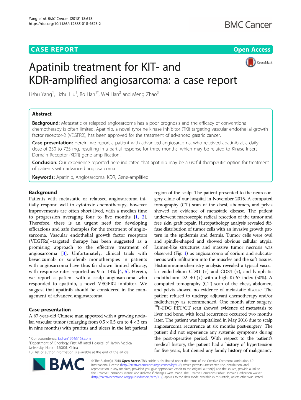 Apatinib Treatment for KIT- and KDR-Amplified Angiosarcoma: a Case Report Lishu Yang1, Lizhu Liu1, Bo Han1*, Wei Han2 and Meng Zhao3