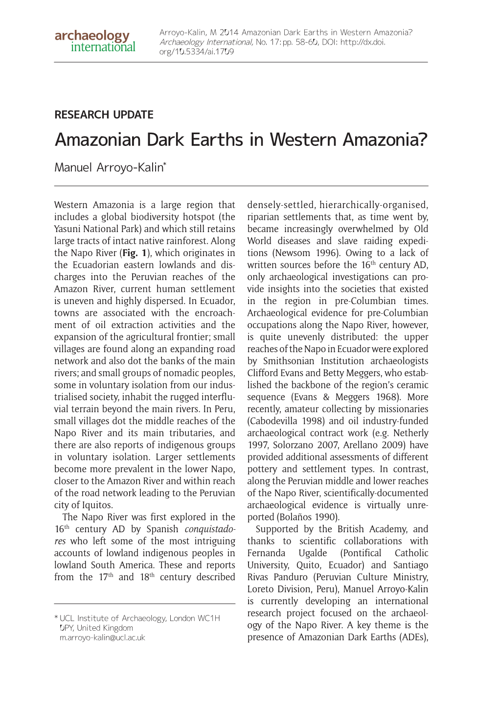 Amazonian Dark Earths in Western Amazonia? Archaeology International, No