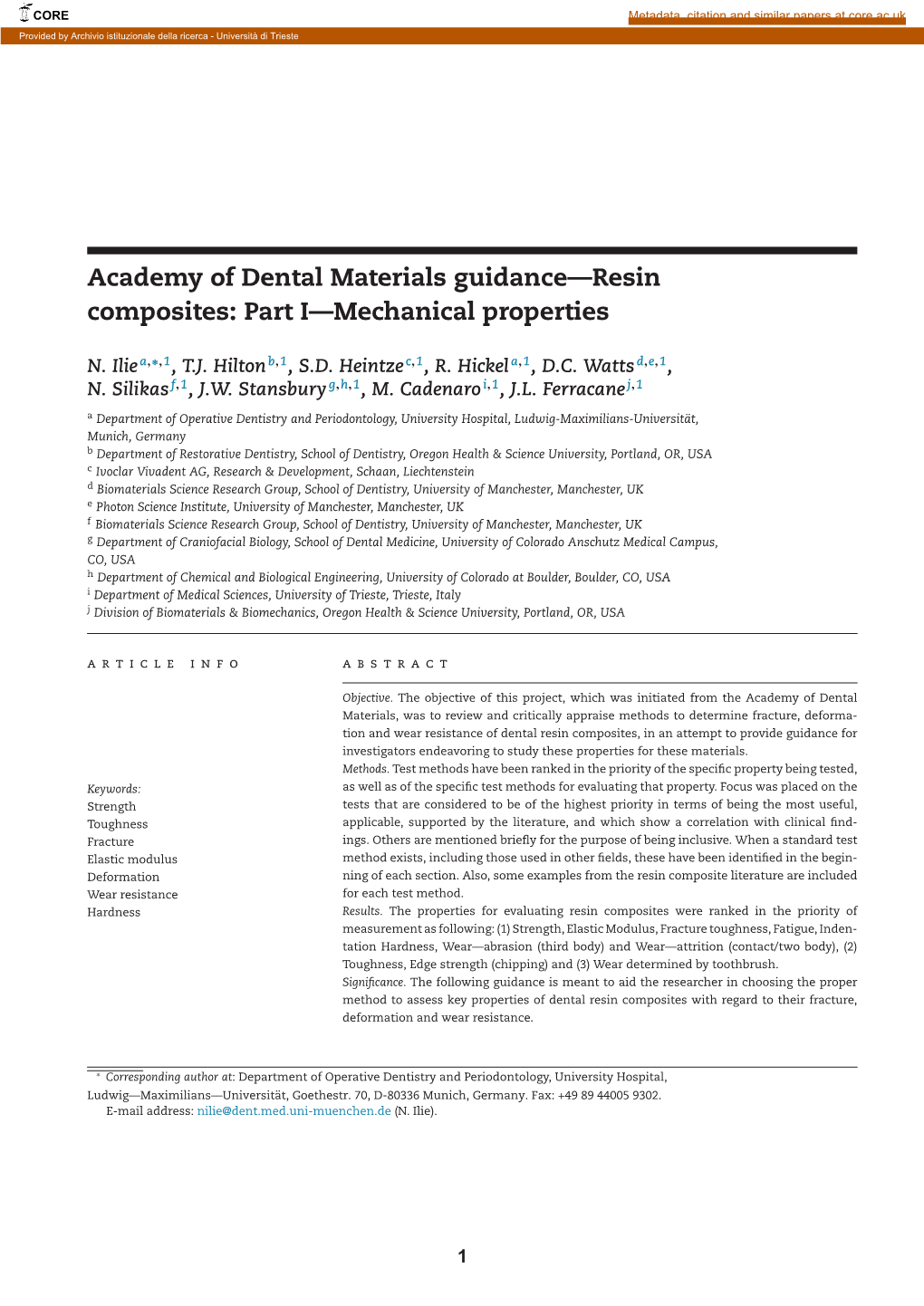 Academy of Dental Materials Guidance—Resin Composites: Part I—Mechanical Properties