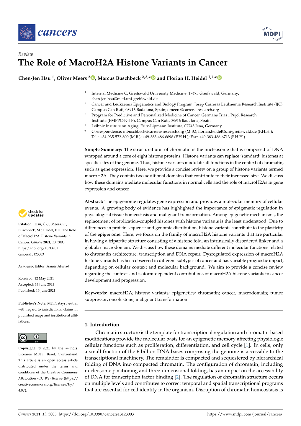 The Role of Macroh2a Histone Variants in Cancer