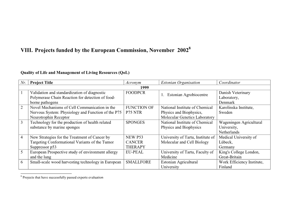 VIII. Projects Funded by the European Commission, November 20028