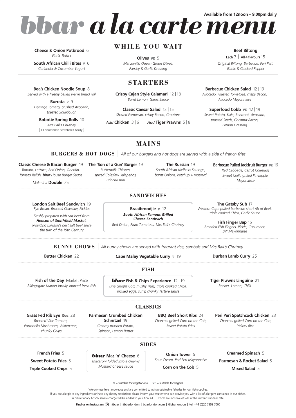 A La Carte & Drinks Menu