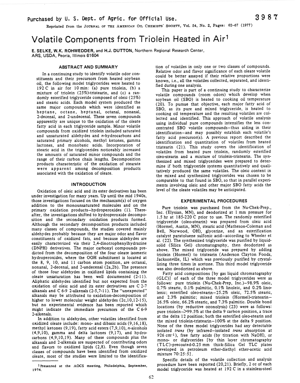 Volatile Components from Triolein Heated in Air'