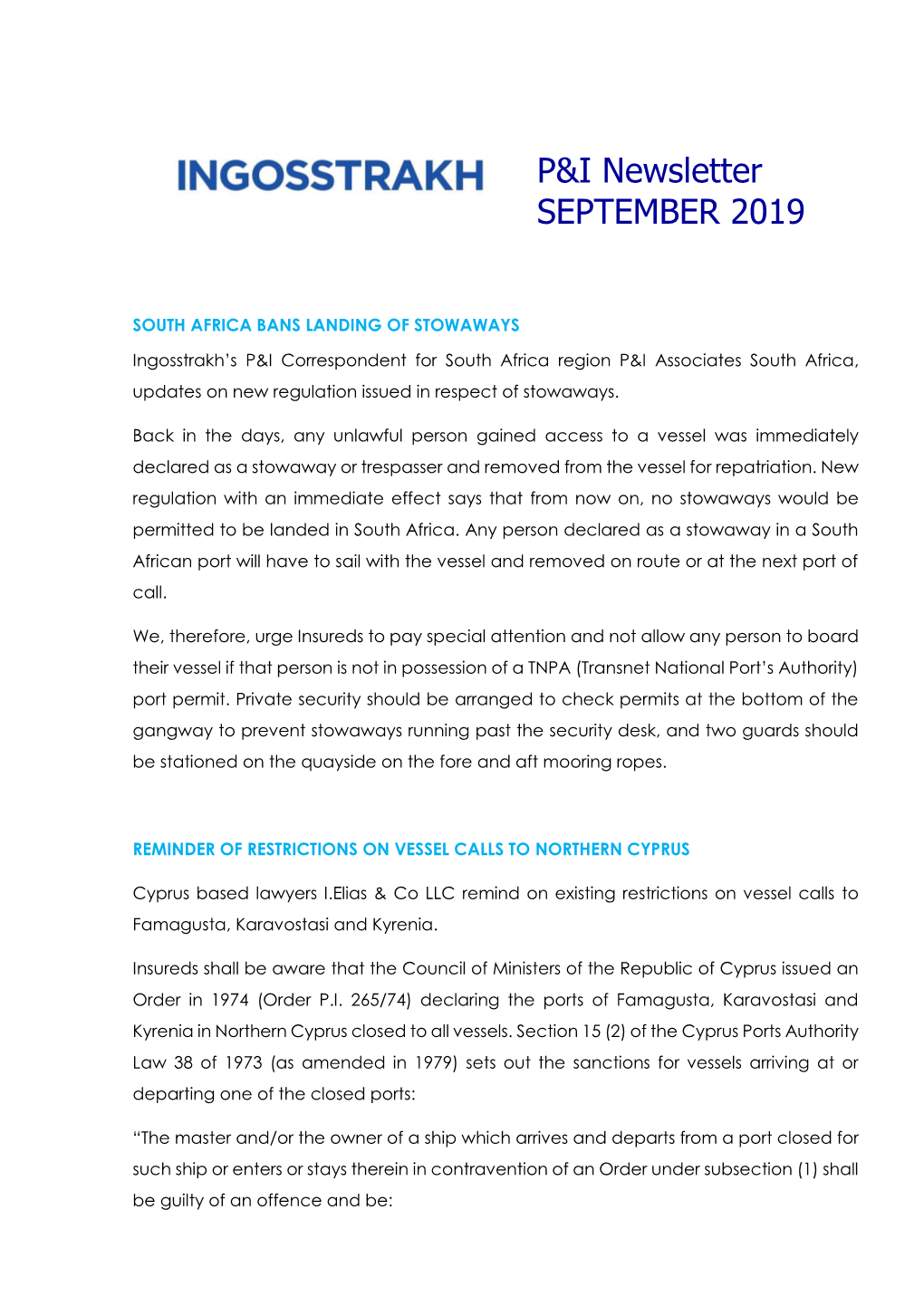 P&I Newsletter SEPTEMBER 2019