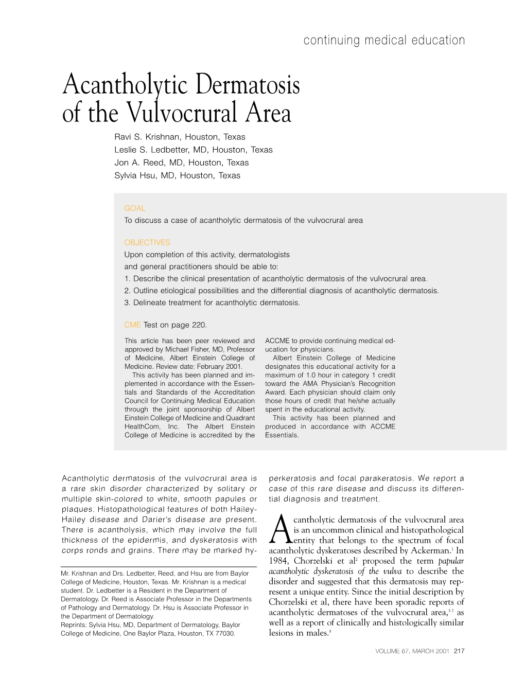 Acantholytic Dermatosis of the Vulvocrural Area Ravi S