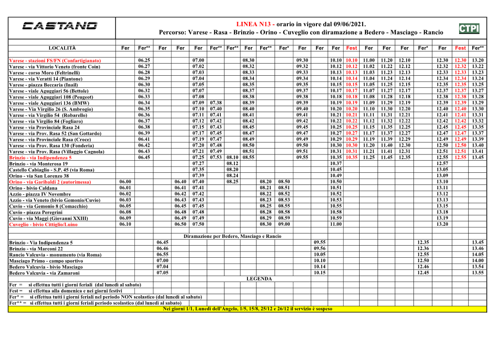 LINEA N13 - Orario in Vigore Dal 09/06/2021