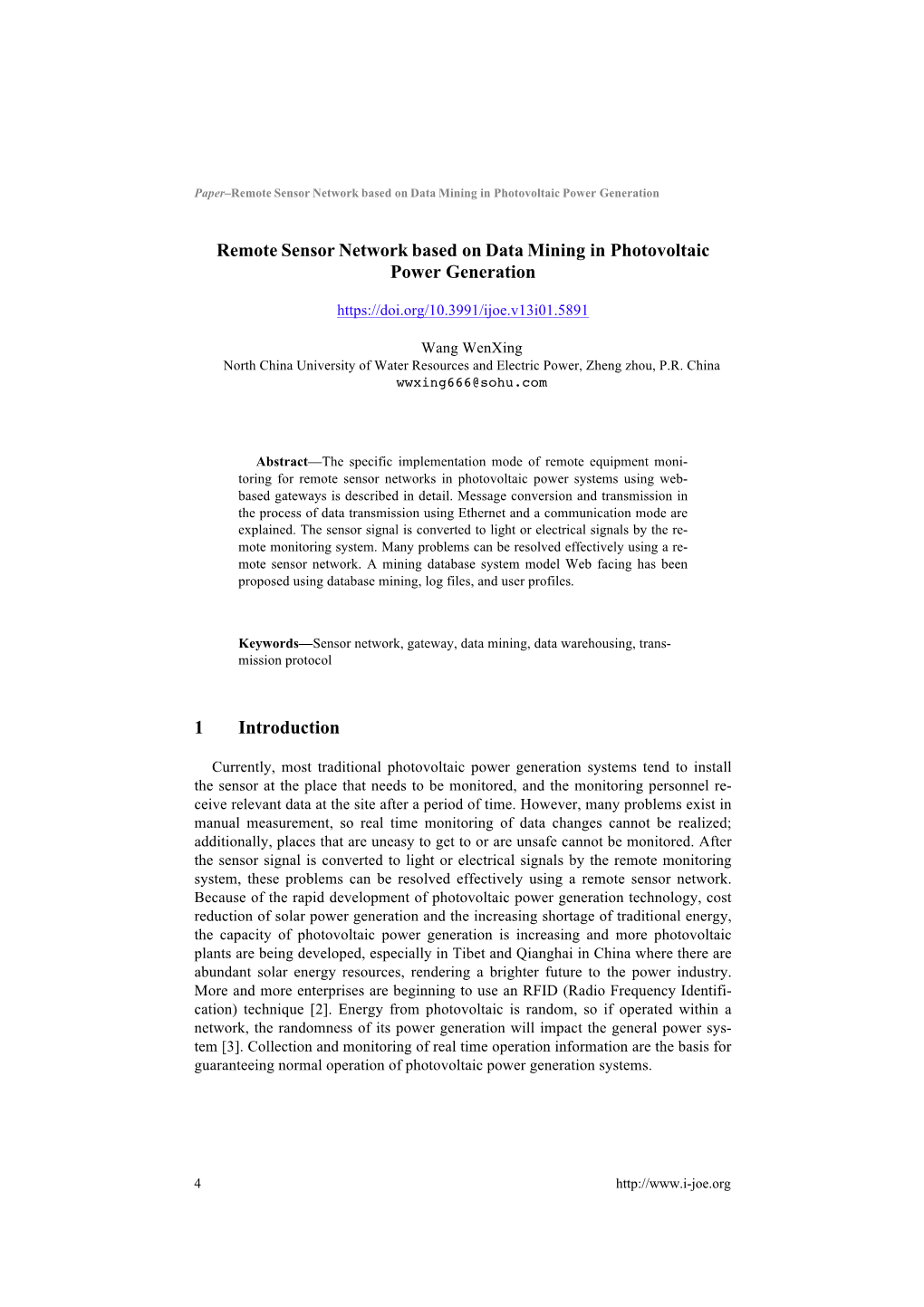 Remote Sensor Network Based on Data Mining in Photovoltaic Power Generation